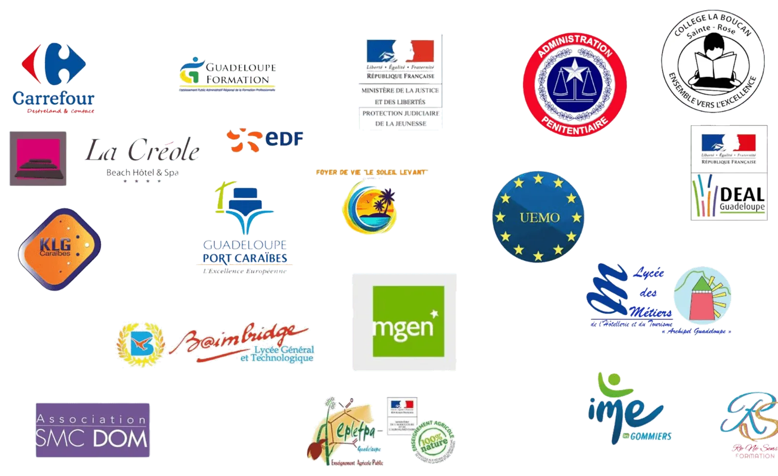 Partenaires et institutions qui font confiance à Re-né-sens : Carrefour, EDF, MGEN, Guadeloupe Formation, Ministère de la Justice, Administration pénitentiaire, Guadeloupe Port Caraïbes, La Créole Beach Hôtel, lycées et collèges de Guadeloupe, IME les Gommiers, UEMO, DEAL Guadeloupe.